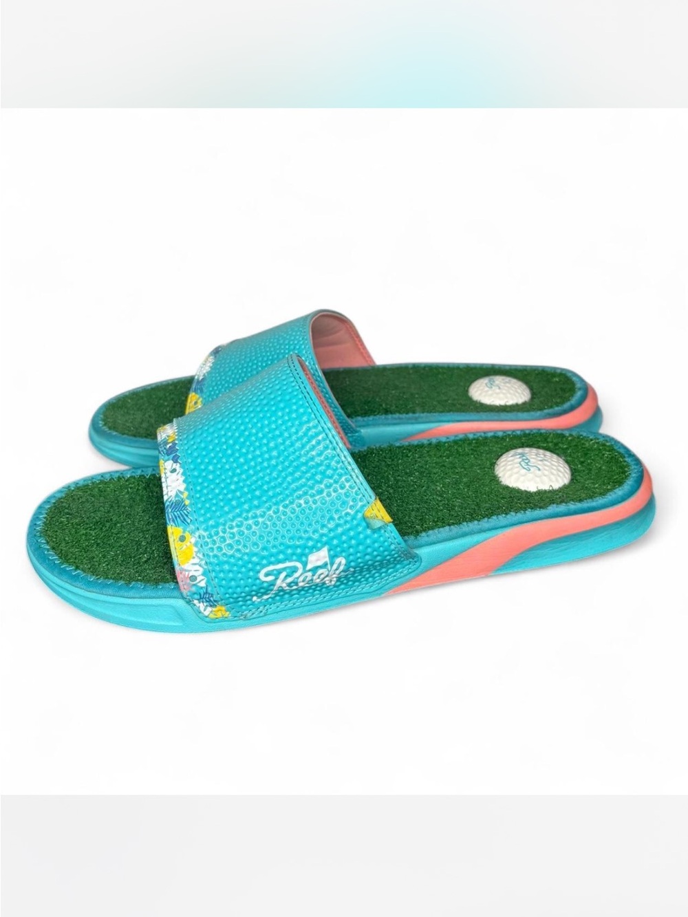Reef Mulligan Golf Slide Sandals Size US 13 Blue with Floral Trim and Golf Ball - Picture 3 of 8
